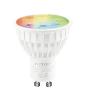 The MiBoxer GU10 RGB+CCT LED spotlight in white, showcasing its rainbow-coloured lighting surface