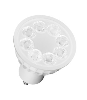 The MiBoxer GU10 RGB+CCT LED spotlight in white, showcasing its rainbow-coloured lighting surface