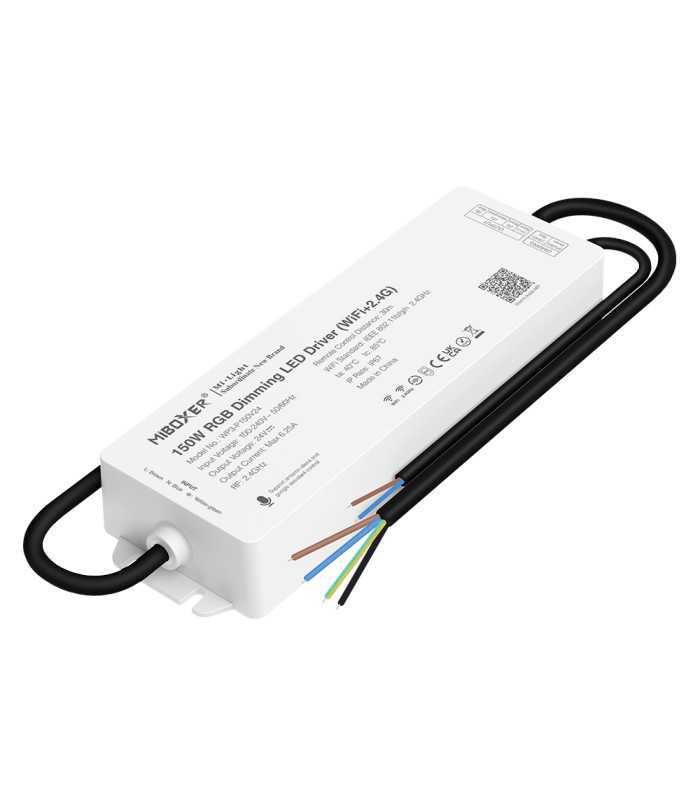 Miboxer WP3-P150V24 150W RGB dimming LED driver with attached wires for installation.