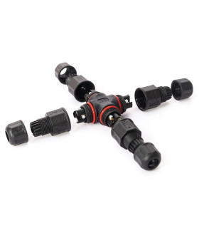 MiBoxer X-shaped 4-channel 3-core waterproof connector, fully assembled for IP68 rated protection.