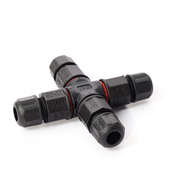 MiBoxer X-shaped 4-channel 3-core waterproof connector, fully assembled for IP68 rated protection.