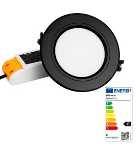 Image showing the MiBoxer 6W RGB+CCT LED downlight alongside its energy efficiency label.