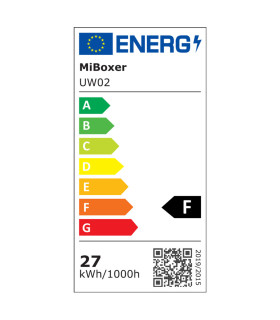 A close-up view of a MiBoxer energy efficiency label for a 27W RGB+CCT wall-mounted underwater light.