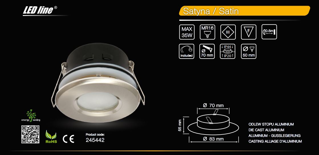 LED line® MR16 waterproof round fixed ceiling downlight satin IP65 product specification features cut-out hole