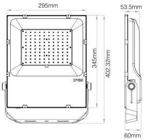 Mi-Light 100W RGB+CCT LED floodlight FUTT07 technical picture size dimensions on white backgroud