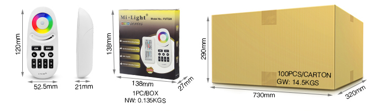 Mi-Light 2.4GHz manual & auto adjustable RGBW strip controller FUT028 size and weight product packaging retail and wholesale box