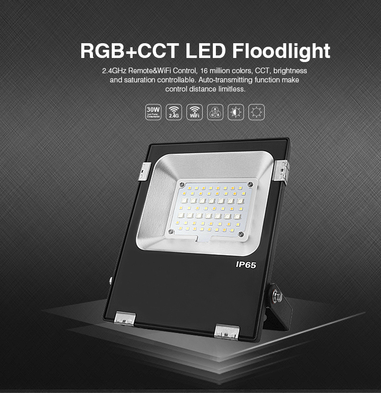 RGB+CCT LED floodlight 2.4GHz remote and Wi-Fi control 16 million colours brightness and saturation adjustable