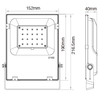 Mi-Light 20W RGB+CCT LED floodlight FUTT04 size dimensions technical picture