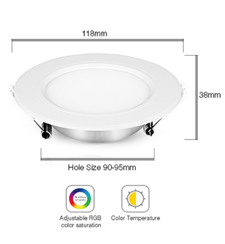 Mi-Light 6W RGB+CCT LED downlight FUT068 size technical picture cut-out hole diameter