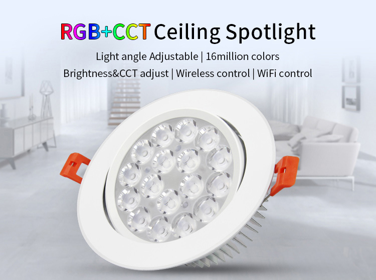 Mi-Light 9W RGB+CCT LED ceiling spotlight FUT062 light angle adjustable 16 million colours brightness and CCt adjust