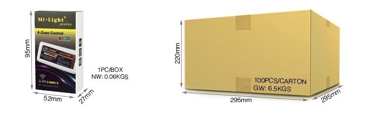 Mi-Light 2.4GHz 4-zone RGBW LED strip controller FUT038 retail packaging size wholesale cardboard box dimensions