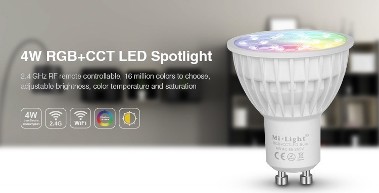 4W RGB+CCT LED spotlight 2.4GHz RF remote controllable 16 million colours WiFi