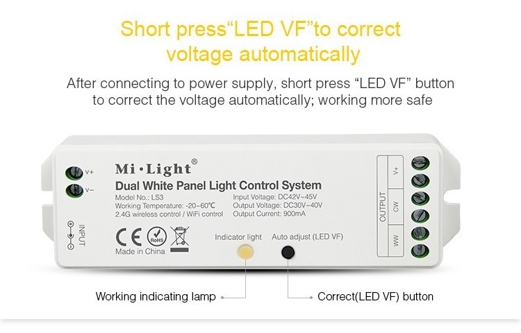 Mi-Light dual white panel light control system LS3 - auto voltage correction press LED VF to correct voltage automaticly after connecting to power supply LED panel controllers