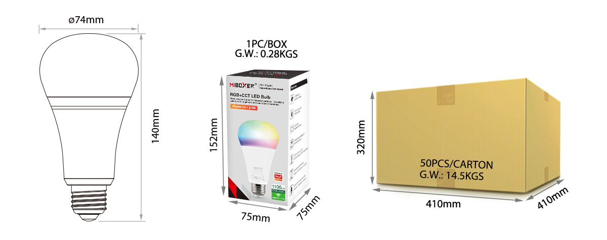 size of RGB+CCT LED Bulb (Zigbee 3.0 + 2.4G) packaging