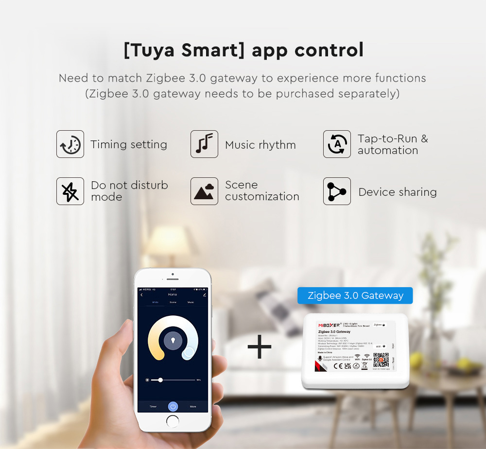 Promotional image for the 'Tuya Smart' app control. At the top, the text indicates the need to match with a Zigbee 3.0 gateway for full functionality, which needs a separate purchase. Below, five icons depict the app's features: 'Timing setting', 'Music rhythm', 'Do not disturb mode', 'Scene customization', and 'Device sharing'. Centred in the image, a hand holds a smartphone displaying the 'Tuya Smart' app interface with a prominent control dial. To the right, an image of the 'Zigbee 3.0 Gateway' device by MiBoxer is shown, emphasizing its compatibility with the app.