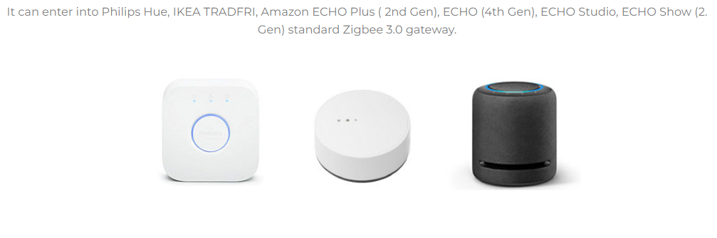Smart home gateways compatible with Zigbee 3.0, including Philips Hue, IKEA TRADFRI, and various Amazon ECHO models.