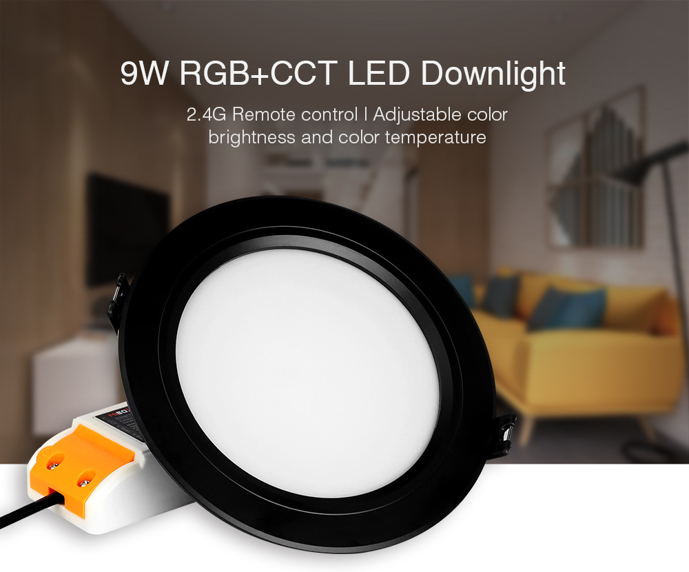 A black Mi-Light RGB+CCT LED downlight FUT061-B shown from the front, highlighting its circular design.