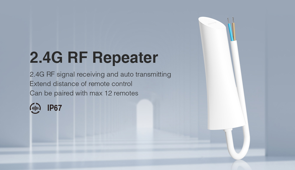 MiBoxer RP1 2.4G RF repeater front view showing compact design for signal transmission and reception