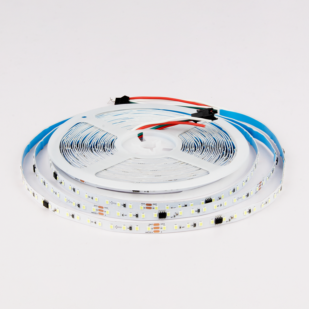 A roll of 10m LED strip light with multi-color wiring connectors visible on top.