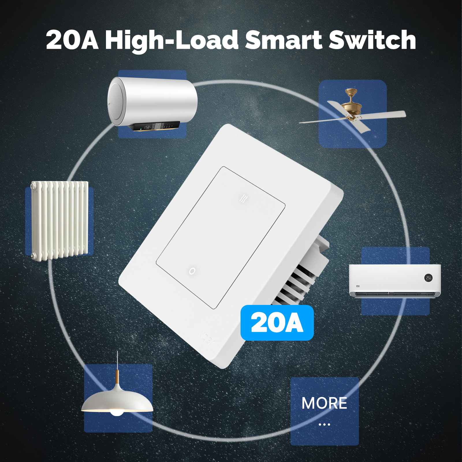 Smart switch compatible with high-load devices like radiators, ceiling fans, and air conditioners, supporting up to 20A.