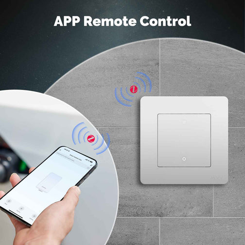 Smart switch being controlled remotely through a mobile app, highlighting easy access and wireless functionality.