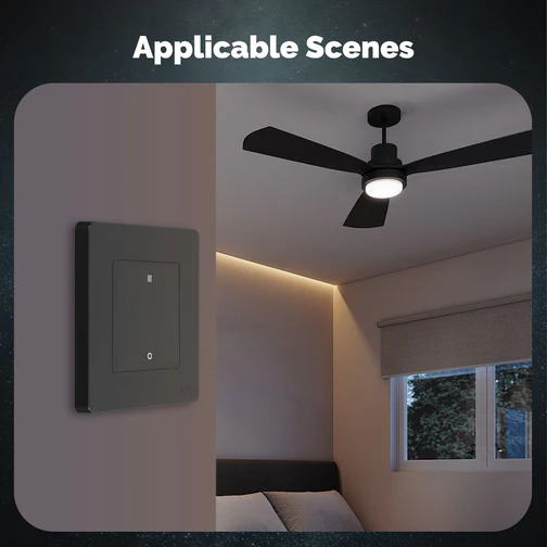 Smart switch installed in a bedroom with a ceiling fan, illustrating its versatile applications in home environments.