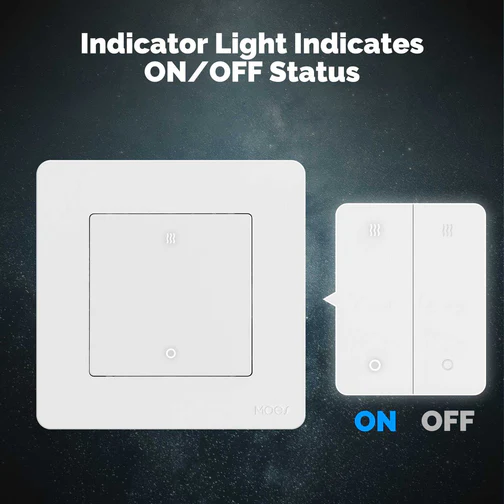 Close-up of a smart switch with indicator lights showing ON and OFF status for quick visibility.