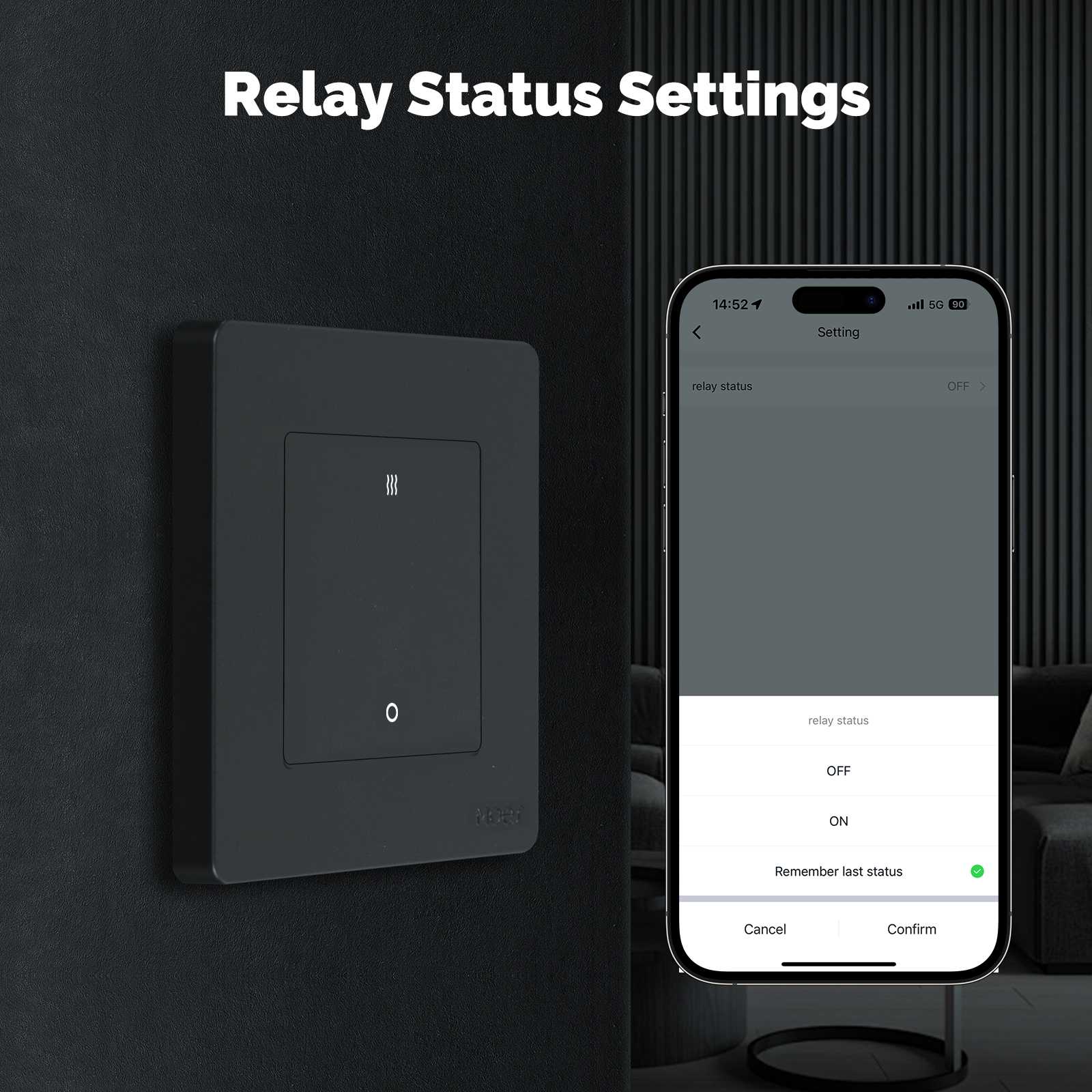 Smart switch with a relay status setting menu on a mobile app, demonstrating customisable options for ON, OFF, and memory functions.