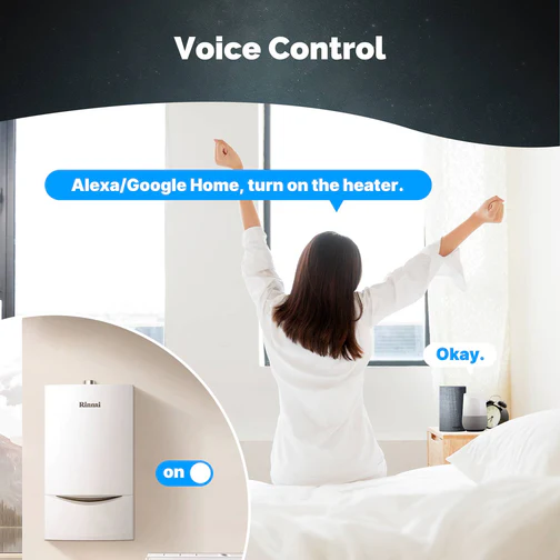 A woman using voice control with Alexa or Google Home to turn on a heater, showcasing the smart switch's convenience.