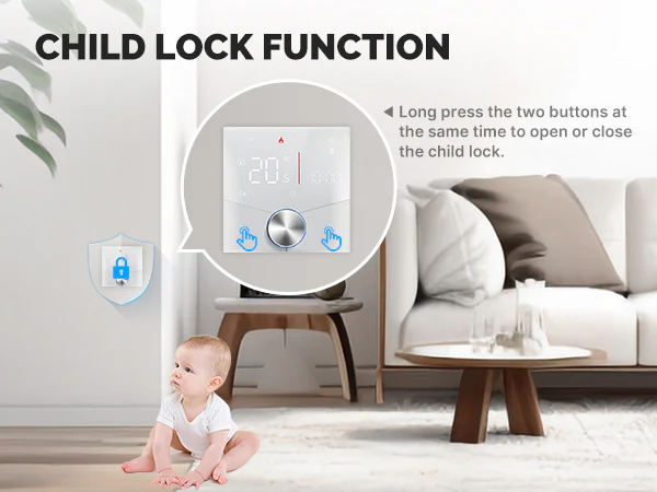 A child-safe thermostat setup with a child lock feature, ensuring safe and secure operation in family settings.