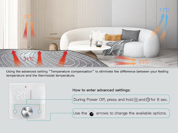 Advanced settings for temperature compensation on a smart thermostat, balancing room and thermostat temperatures effectively.