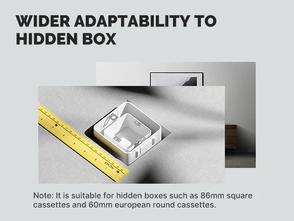 A hidden installation box compatibility demonstration, highlighting the dimensions suitable for various cassette sizes.