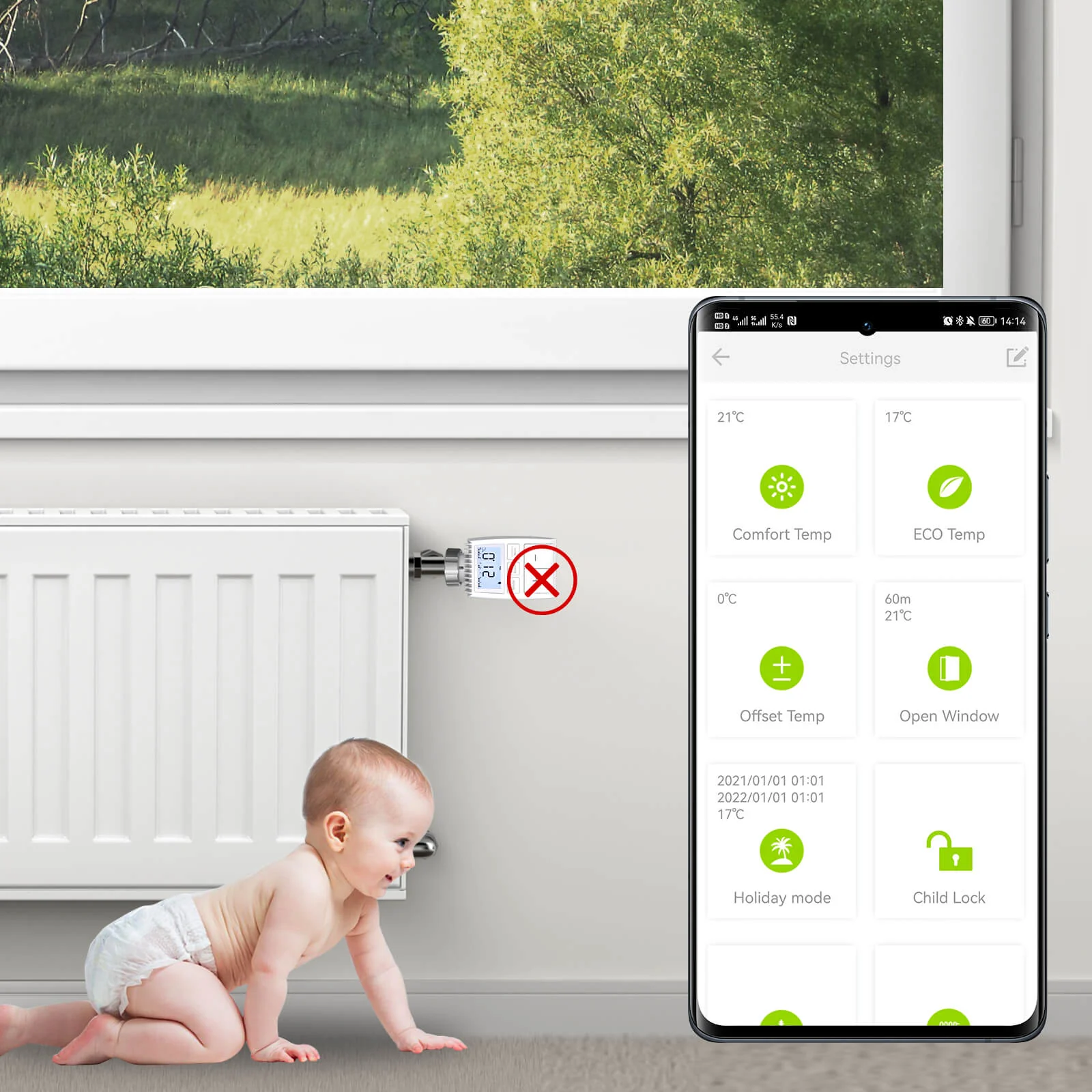 Smart thermostat on a radiator with a mobile app interface showing various temperature settings, including child lock and holiday mode.