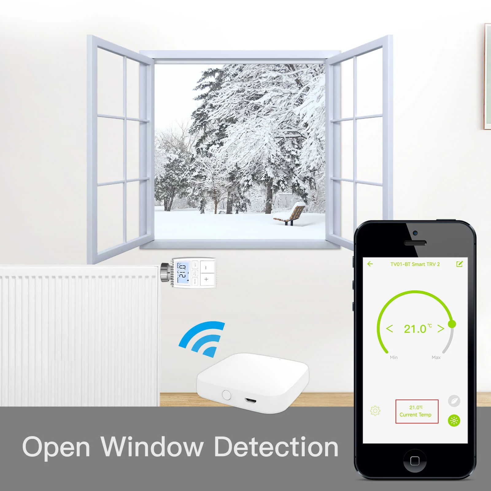 Smart thermostat with open window detection, connected to a mobile app displaying the current temperature settings.