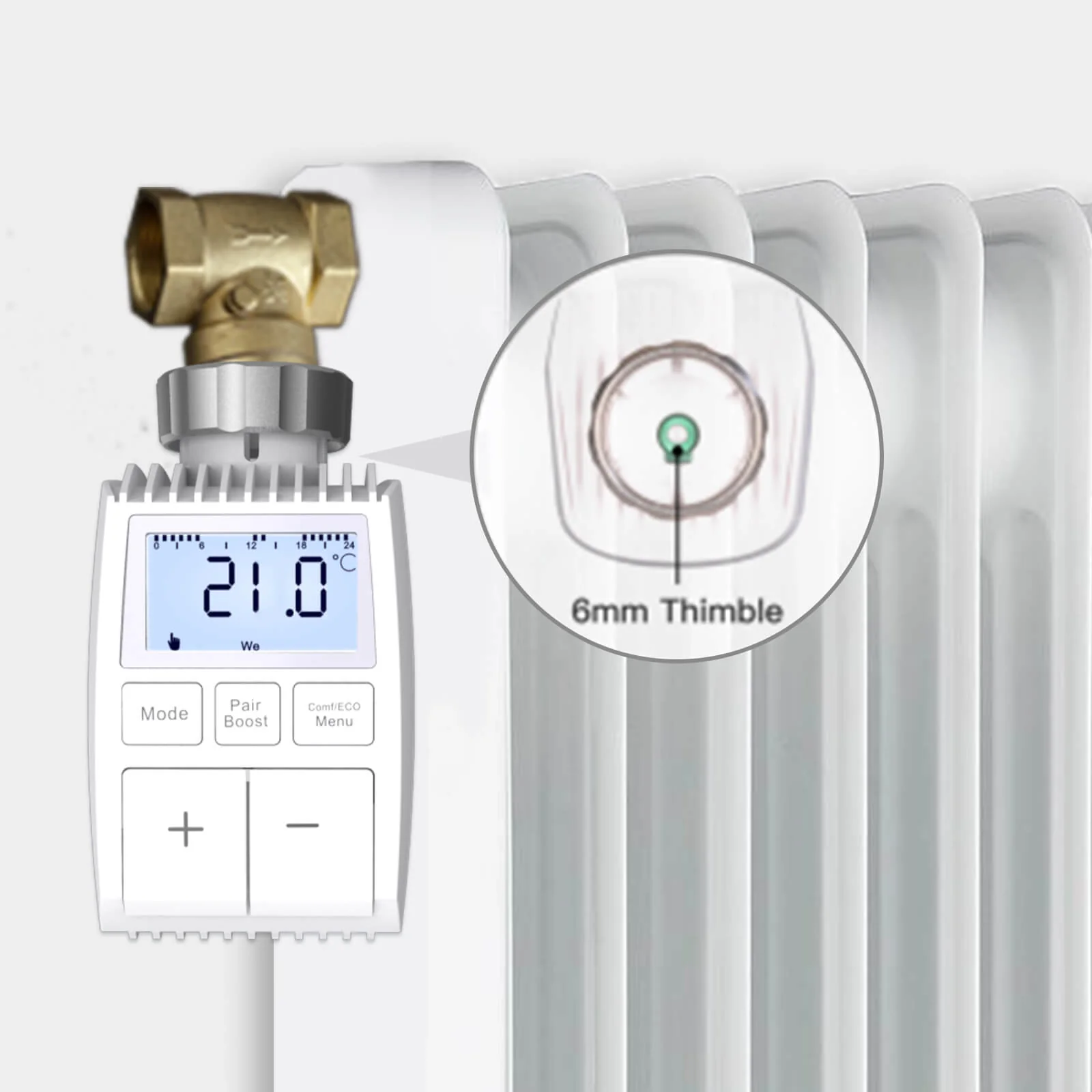 Smart thermostat with a 6mm thimble attachment displayed on a radiator, emphasizing its compatibility with specific fittings.