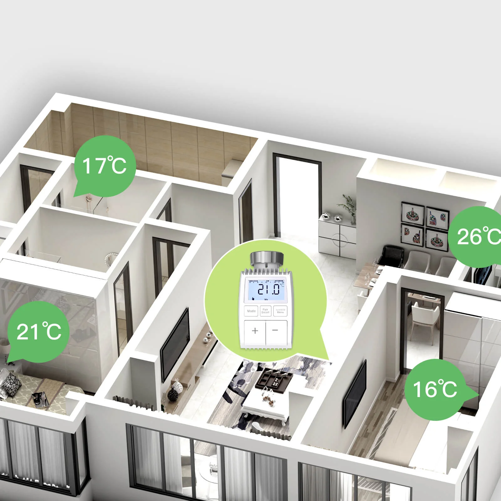 3D floor plan showcasing different room temperatures controlled by a smart thermostat, highlighting 17°C, 21°C, 26°C, and 16°C zones.