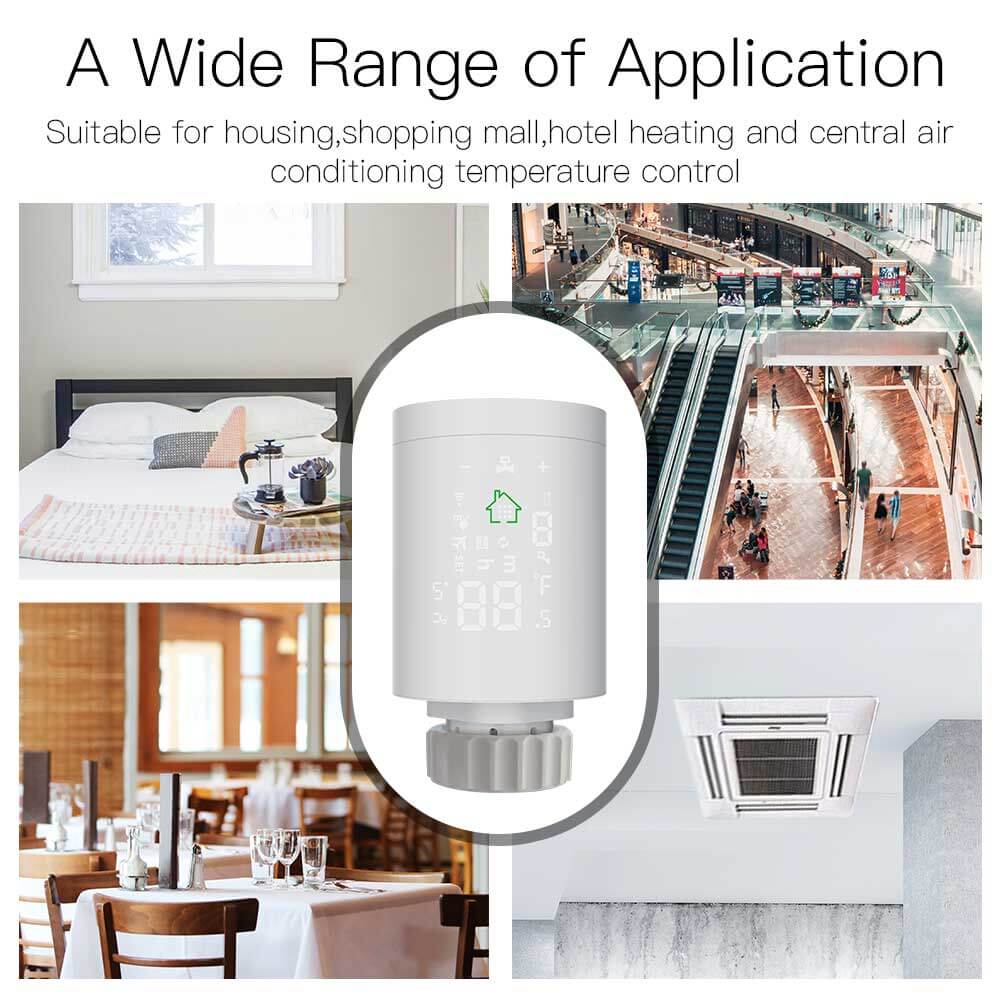 Applications of the smart radiator thermostat in various environments including homes, hotels, and malls.