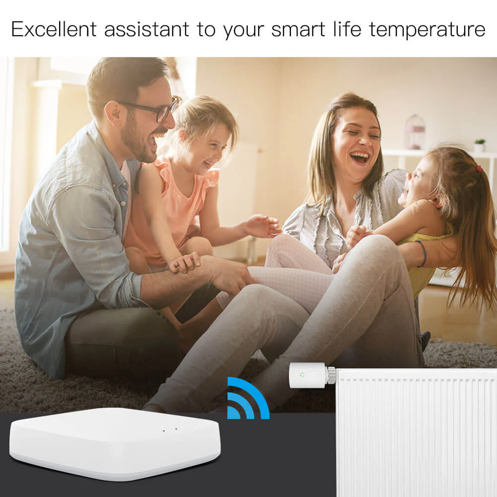 Family enjoying a comfortable room temperature with a smart radiator thermostat connected to a wireless hub.