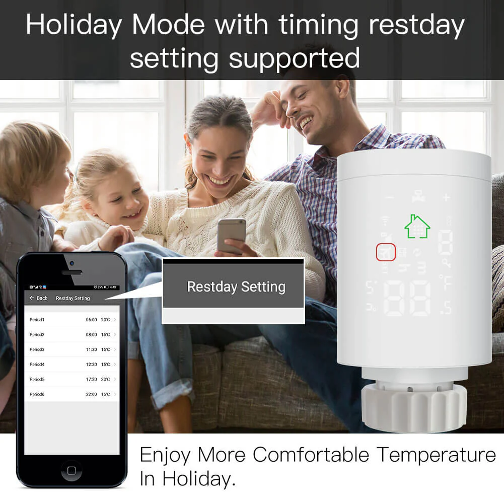 Holiday mode on the app paired with a smart radiator thermostat, showcasing temperature adjustments.