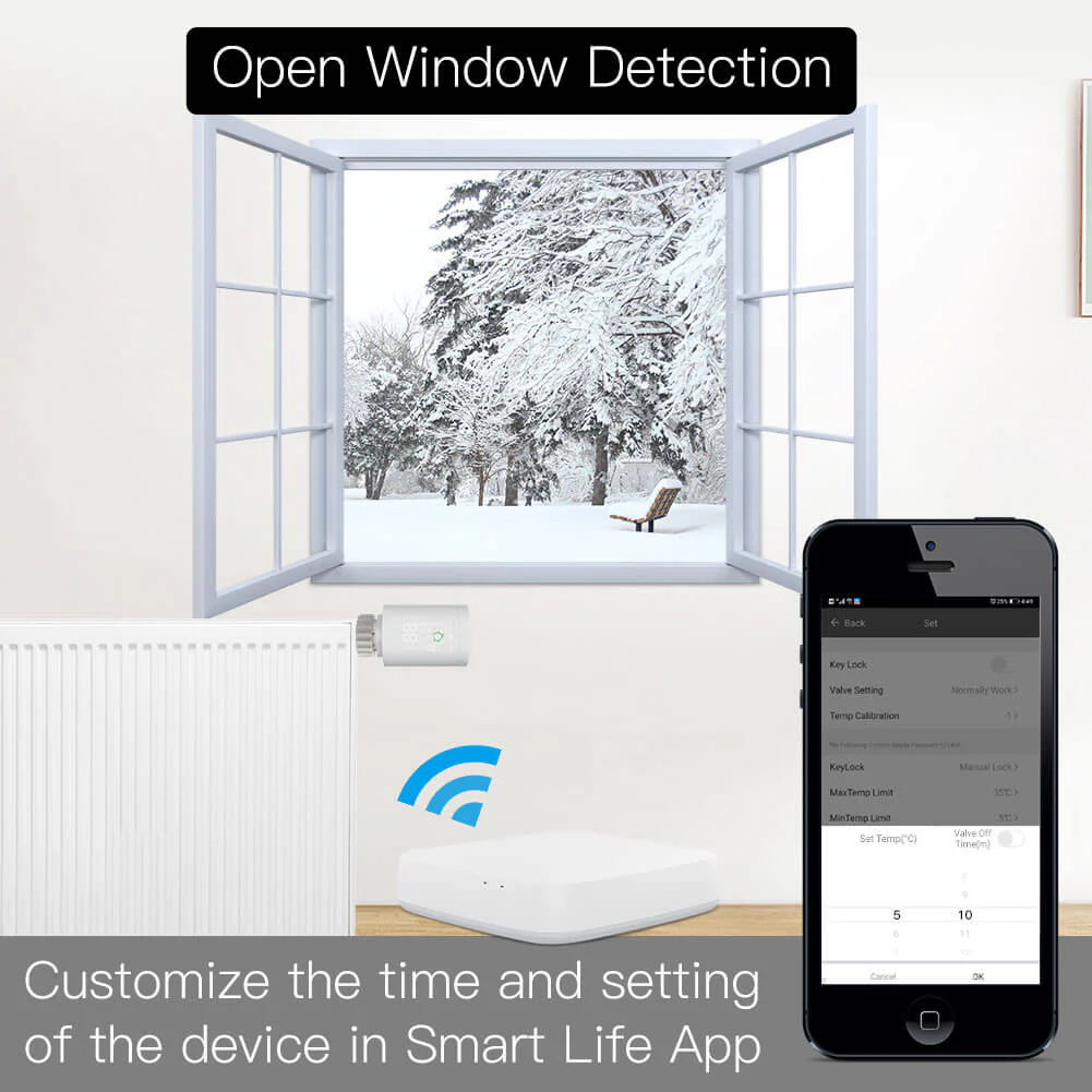 Smart radiator thermostat detecting open windows and enabling efficient energy use via the app.