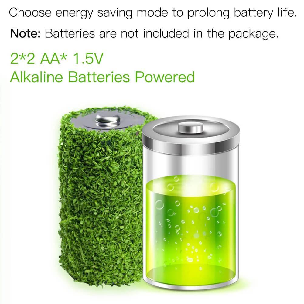 Energy-saving smart thermostat powered by 2 x AA alkaline batteries, not included in the package.