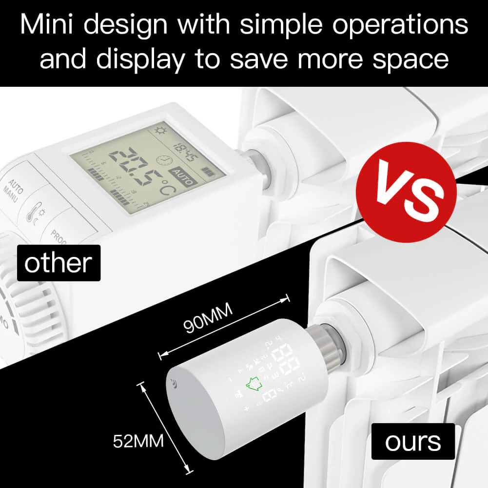 Comparison of the compact smart radiator thermostat vs a standard-sized thermostat, highlighting space-saving design.