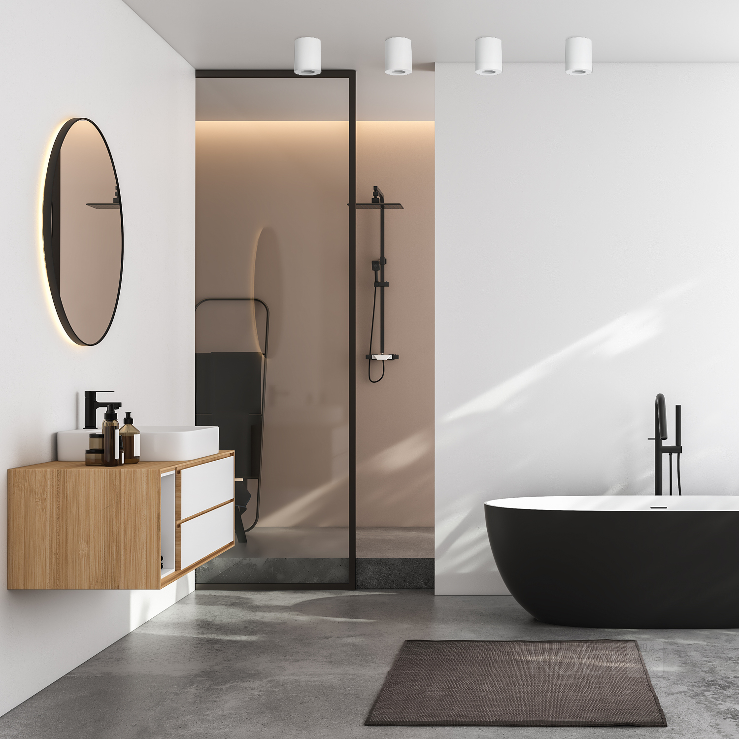 Modern bathroom with a black freestanding tub, floating wooden vanity, LED-lit mirror, and recessed ceiling lights.