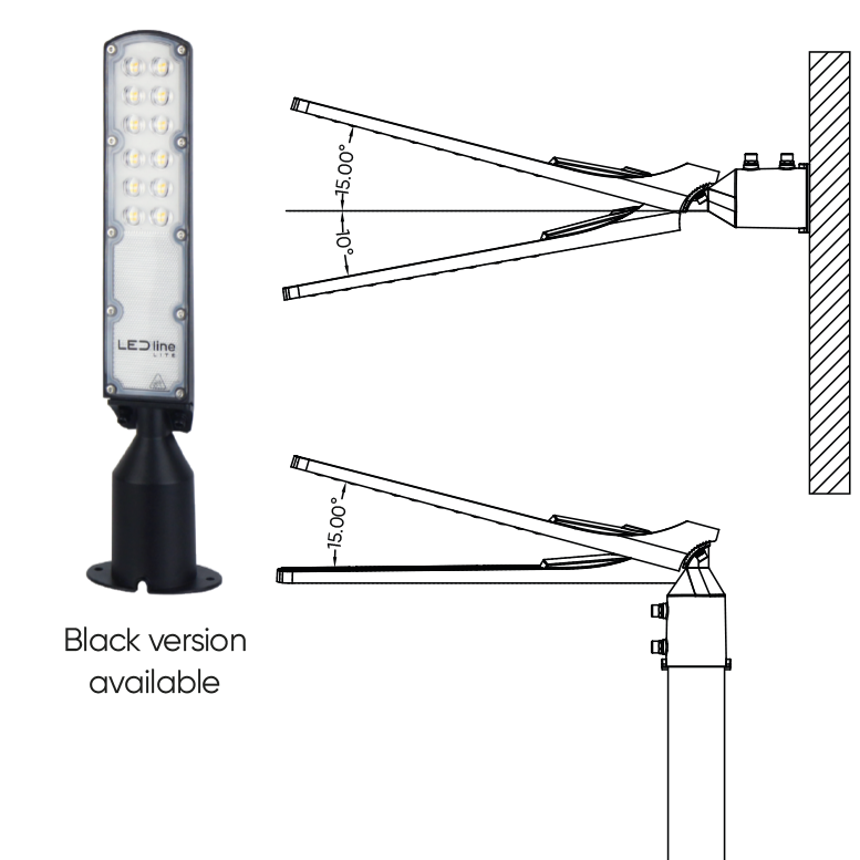 LED Line® Flamingo outdoor fixture with a sleek design, featuring multiple LED chips and a robust black housing. Technical drawing in the background. Black version available.