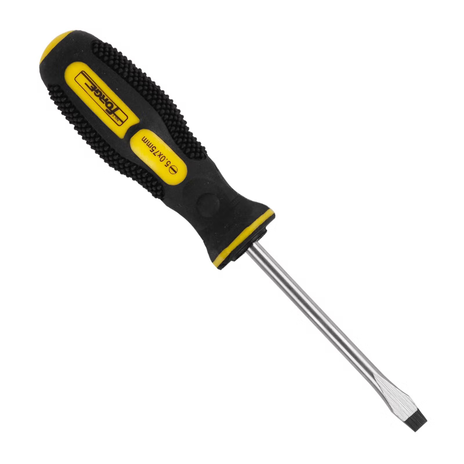 A flathead screwdriver featuring a yellow plastic handle and a steel blade, displayed on a white background.