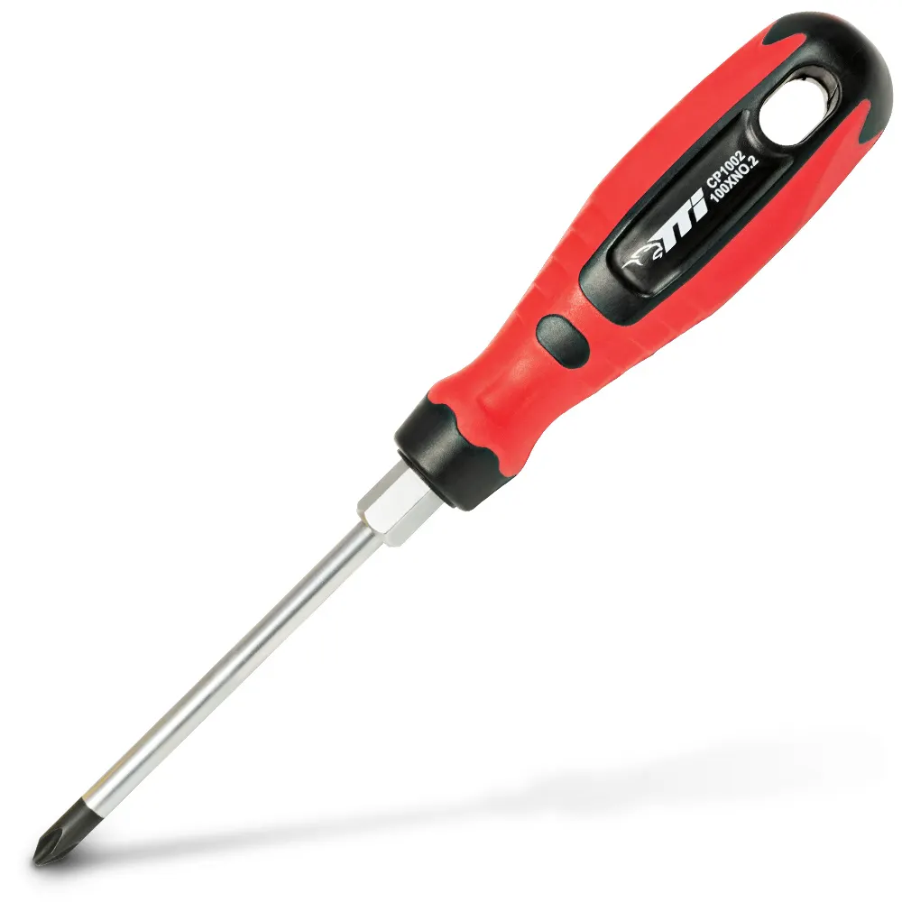 A Phillips screwdriver with a red plastic handle and a cross-tip blade, shown on a white background.