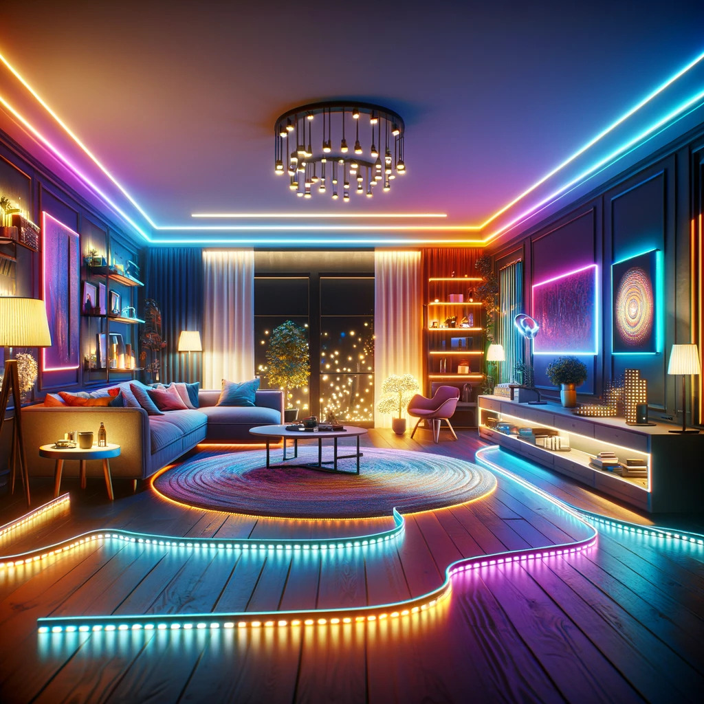 A depiction of a room with LED strip lights in various colors, showcasing how these lights can be used for creative and artistic home decoration.