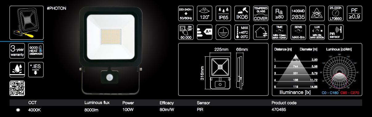 100W strong PIR motion sensor outdoor LED light