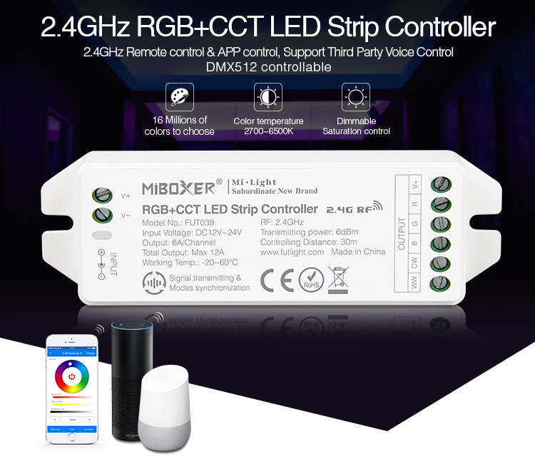 2.4GHz RGB+CCT 12A LED strip controller upgraded FUT039U