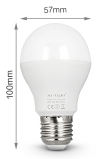 Mi-Light 6W RGB+CCT LED light bulb FUT014 dimentions smart bulb technical picture size
